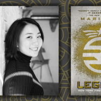 Image of Marie Lu next to a copy of her book cover for Legend.