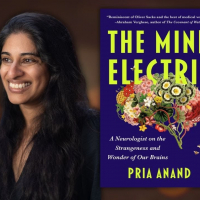 Picture of Prian Andand alongside her book cover for "The Electric Mind"