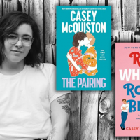 Picture of Casey McQuiston alongside her book covers "The Pairing" and "Red, White, and Royal Blue"