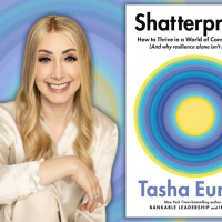 Picture of Dr. Tasha Eurich alongside her book cover for "Shatterpoof"