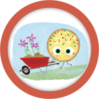 a cookie driving a wheelbarrow full of flowers Summer Reading Program