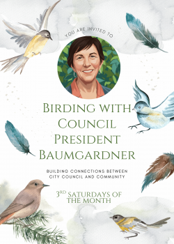 illustrated watercolor poster of birds and Councilor Baumgardner