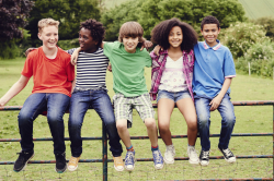 Group of tweens sitting on a fence