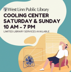 Cooling Center Saturday & Sunday 10 AM - 7 PM. A man sitting in a chair in front of a fan.