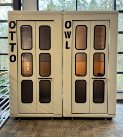 Two library pods with doors closed