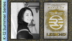Image of Marie Lu next to a copy of her book cover for Legend.