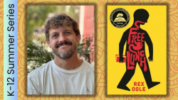 Picture of Rex Ogle next to his book cover of Free Lunch