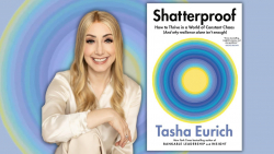Picture of Dr. Tasha Eurich alongside her book cover for "Shatterpoof"