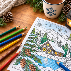 colored pencils, a coloring sheet, and a mug are laid on a wooden table