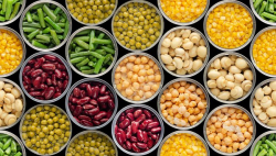 Top-down view of many canned vegetables and beans
