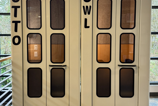 Two library pods with doors closed