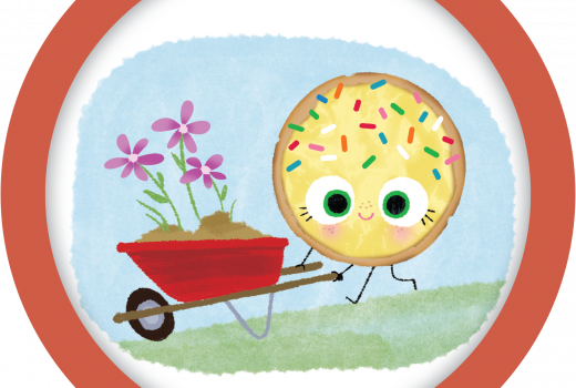 a cookie driving a wheelbarrow full of flowers Summer Reading Program