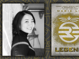 Image of Marie Lu next to a copy of her book cover for Legend.