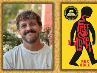 Picture of Rex Ogle next to his book cover of Free Lunch