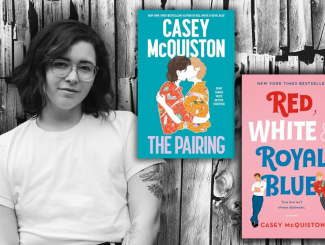 Picture of Casey McQuiston alongside her book covers "The Pairing" and "Red, White, and Royal Blue"