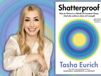 Picture of Dr. Tasha Eurich alongside her book cover for "Shatterpoof"